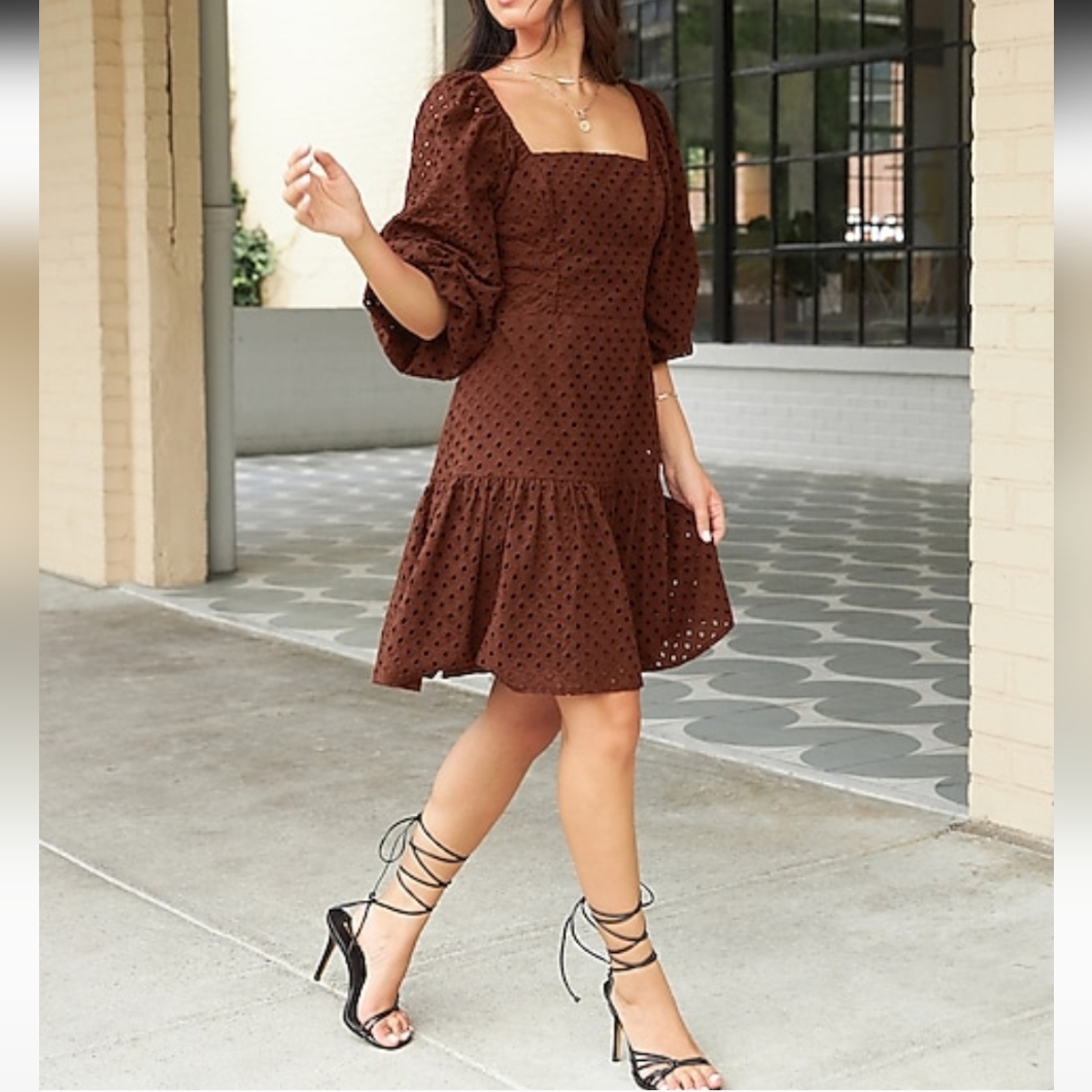 Express Eyelet Balloon Sleeve Ruffle Hem Midi Dress. 2.